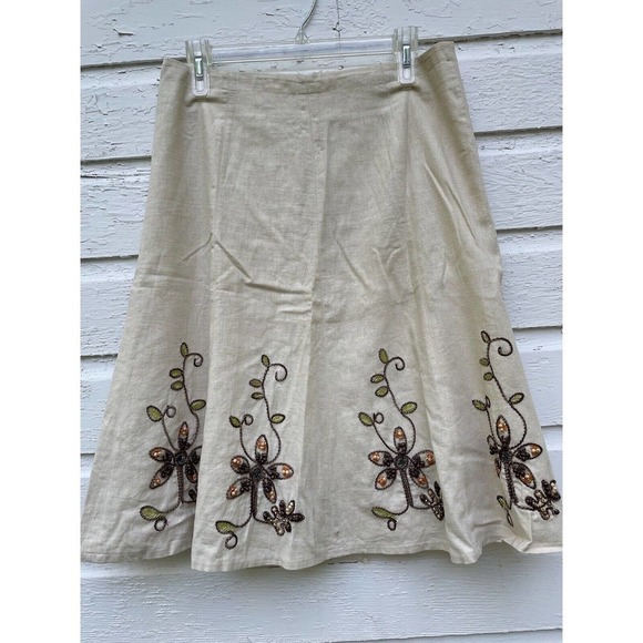 Willi Smith Dresses & Skirts - Willi Smith Linen Skirt A-Line Embroidered Beaded Floral sz 6 Lined Natural READ